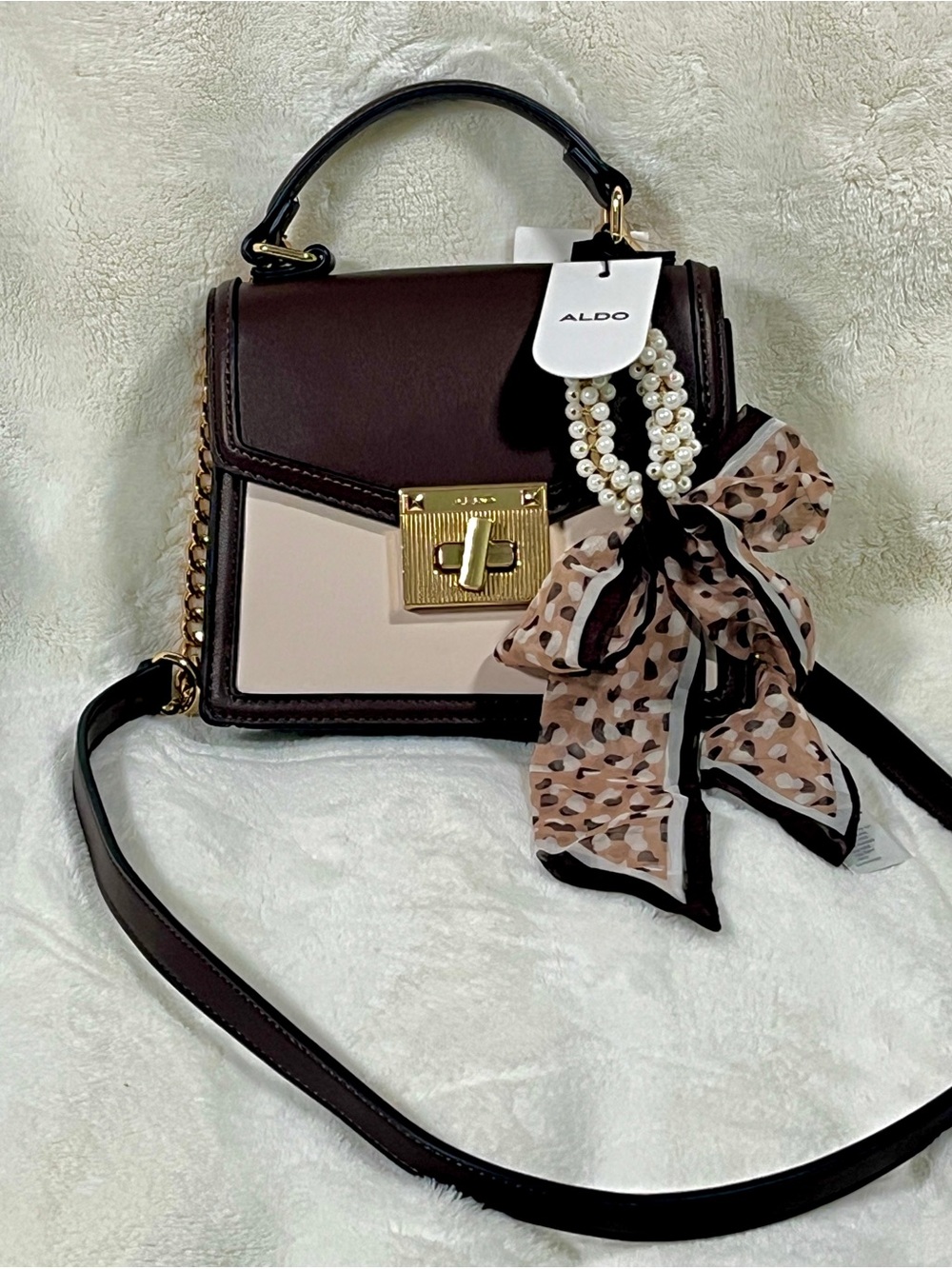 ALDO Brown & Cream Crossbody Bag with Pearl Charm and Bow Accent